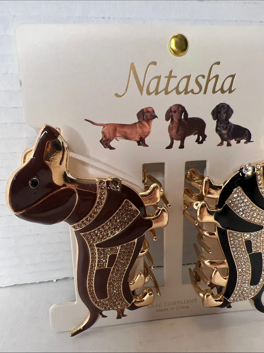 Natasha Dachshund Dog Hair Clips Brown Black Gold Bling New